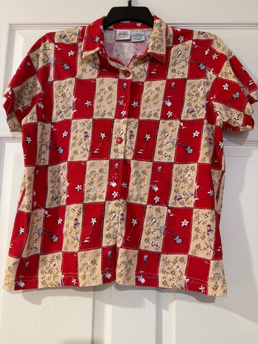 Maxwell Jeanson Petite Floral Patchwork Button-Up Shirt Red & Beige Cotton XL